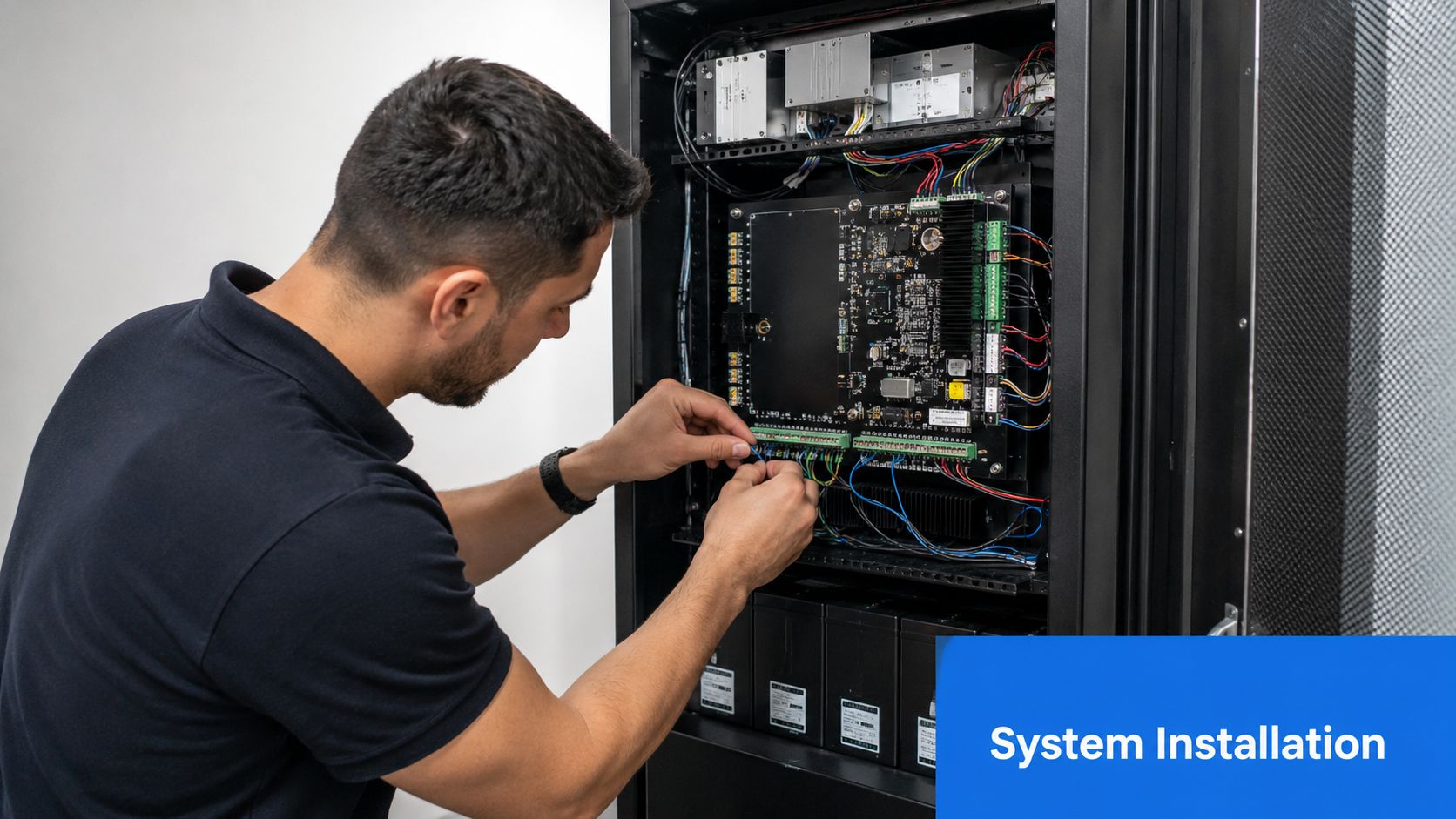 A professional technician working on an access control system installation in a server rack cabinet.
