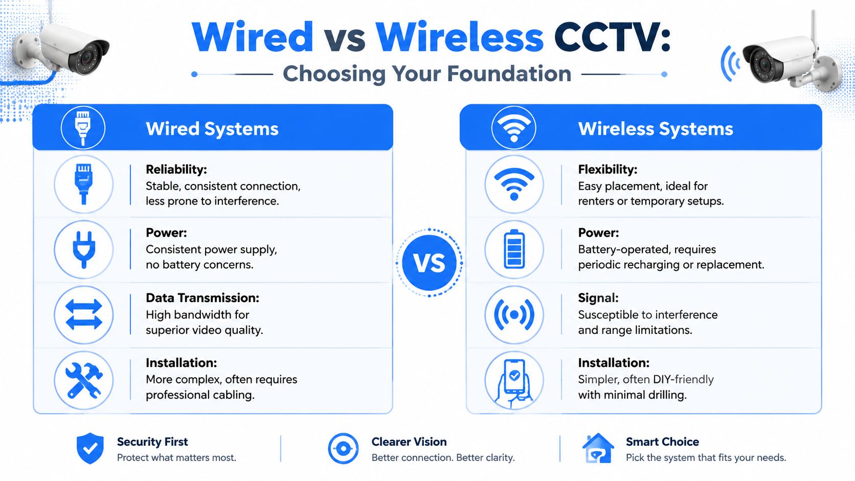 A comparison chart showing the key differences between wired and wireless CCTV security camera systems.