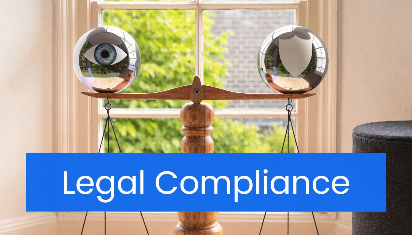 A conceptual scale featuring an eye and a shield, symbolizing the balance between surveillance and legal compliance.