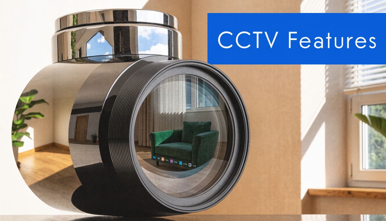 A close-up view of a modern security camera lens reflecting a green armchair in a living room.