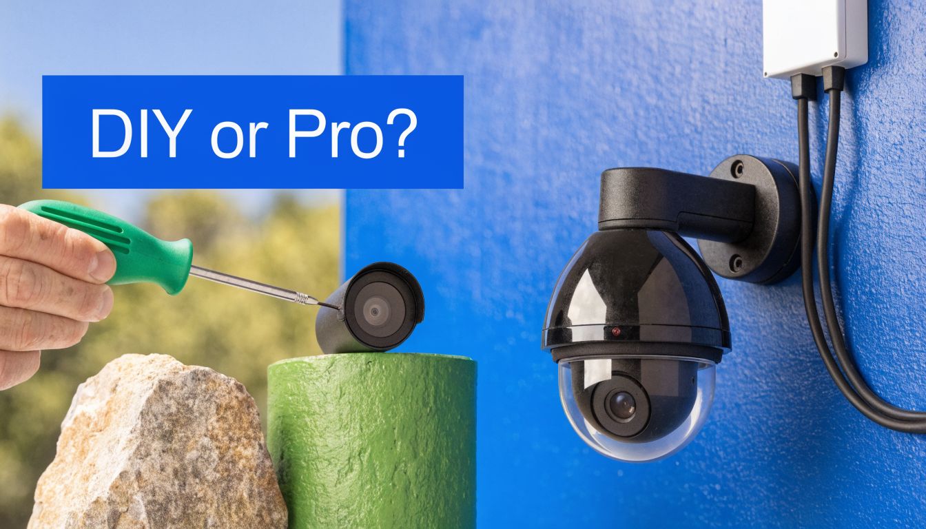 A hand using a screwdriver to adjust a small security camera next to a professional dome camera.