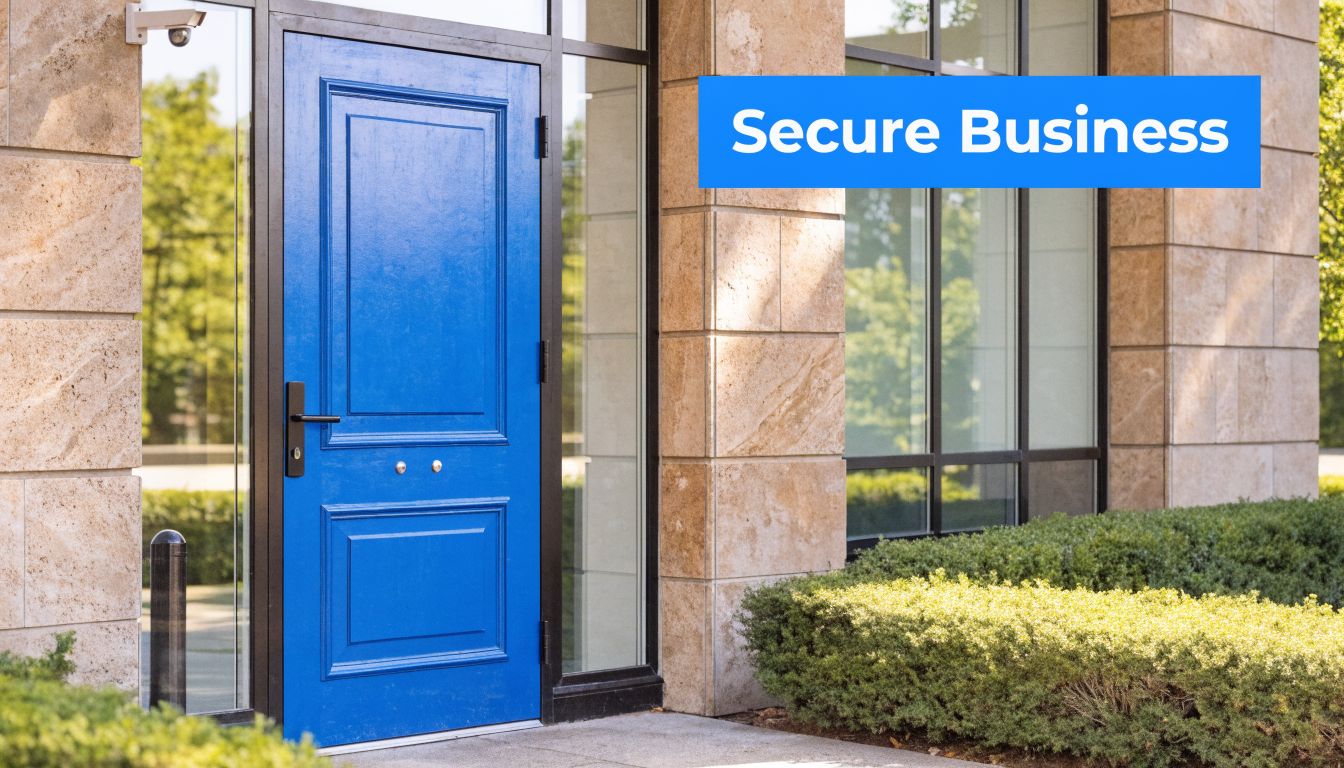 A vibrant blue commercial door at the entrance of a modern office building for business security.
