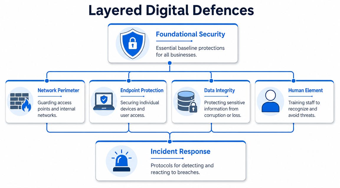 A diagram illustrating a layered digital security strategy for businesses, including perimeter, endpoint, data, and response protocols.