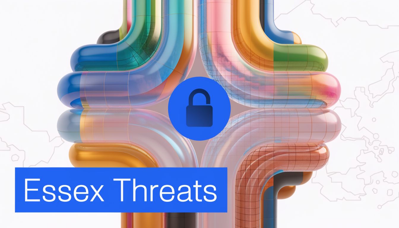 A digital graphic featuring colorful interlocking pipes with a blue security lock icon and Essex Threats text.