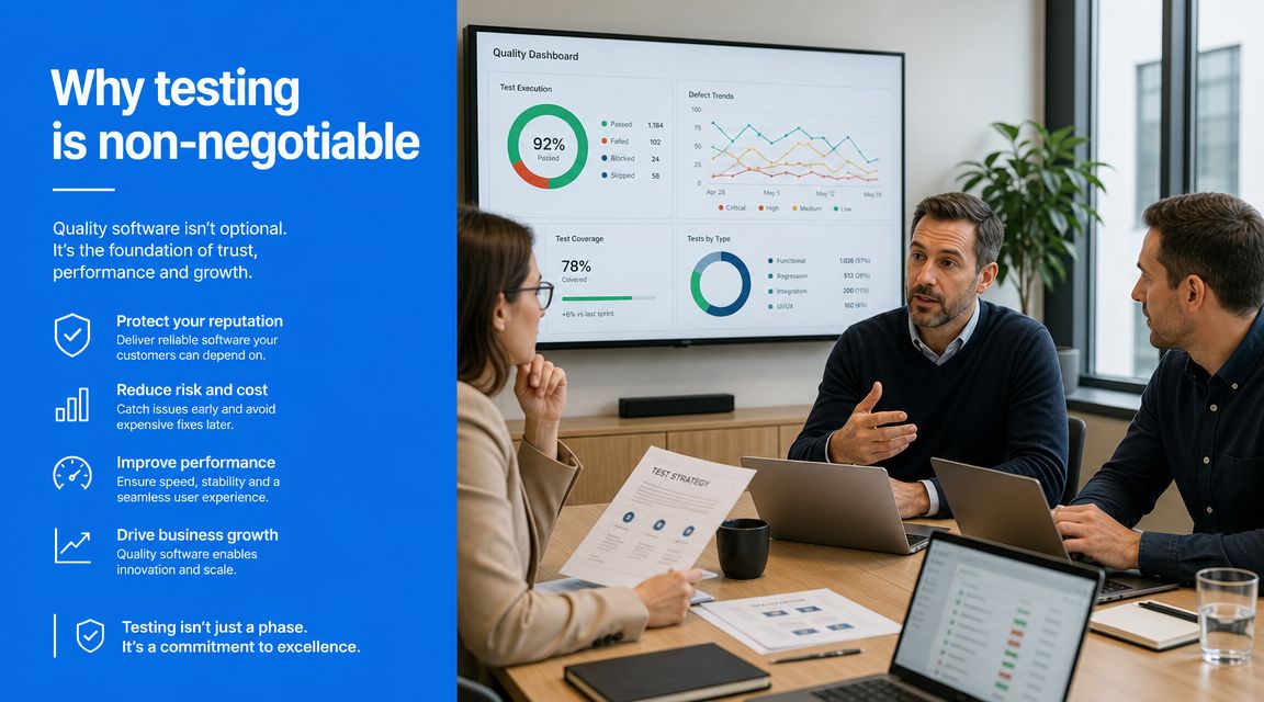 A professional team discussing software quality metrics displayed on a large screen in a modern office meeting.