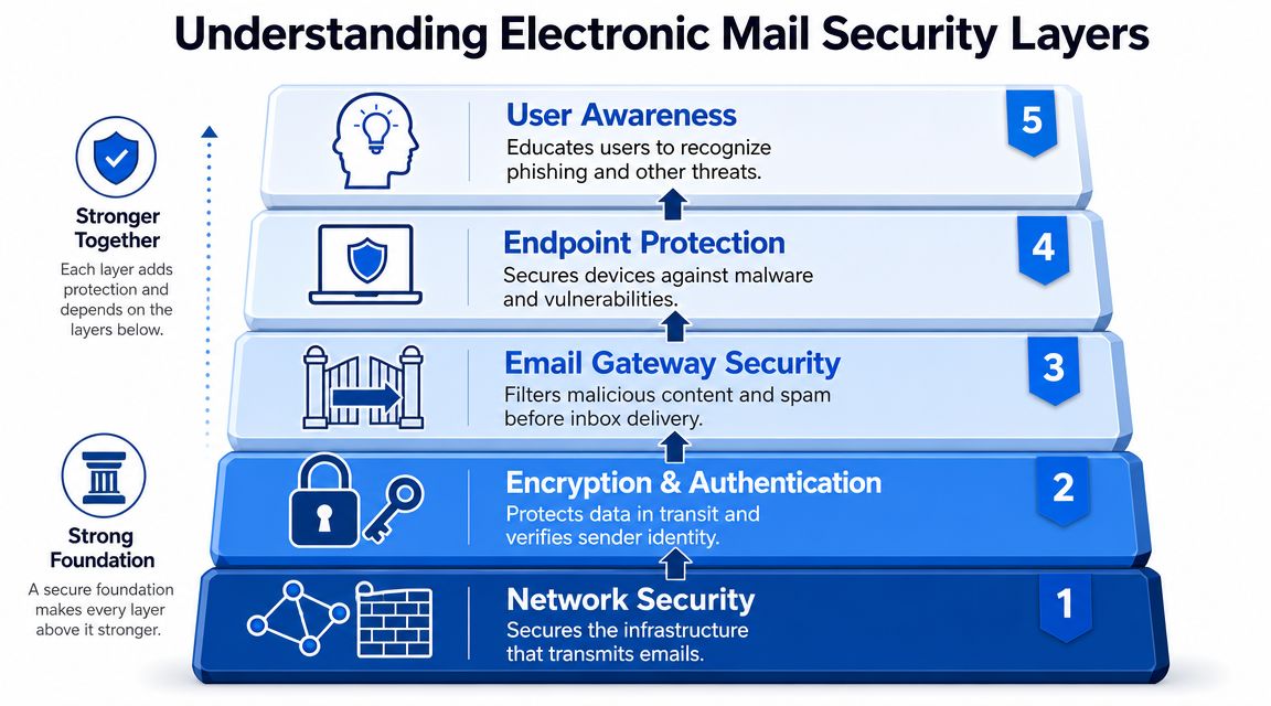 A five-layer pyramid diagram illustrating the essential security components for protecting electronic mail systems effectively.