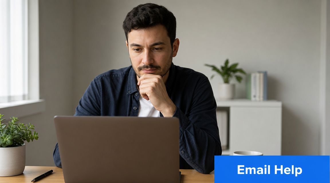 A focused man sitting at a desk with a laptop, looking thoughtful while working.