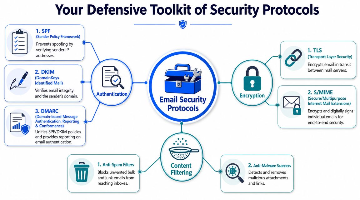 A diagram illustrating essential email security protocols including authentication, encryption, and content filtering for improved cybersecurity.