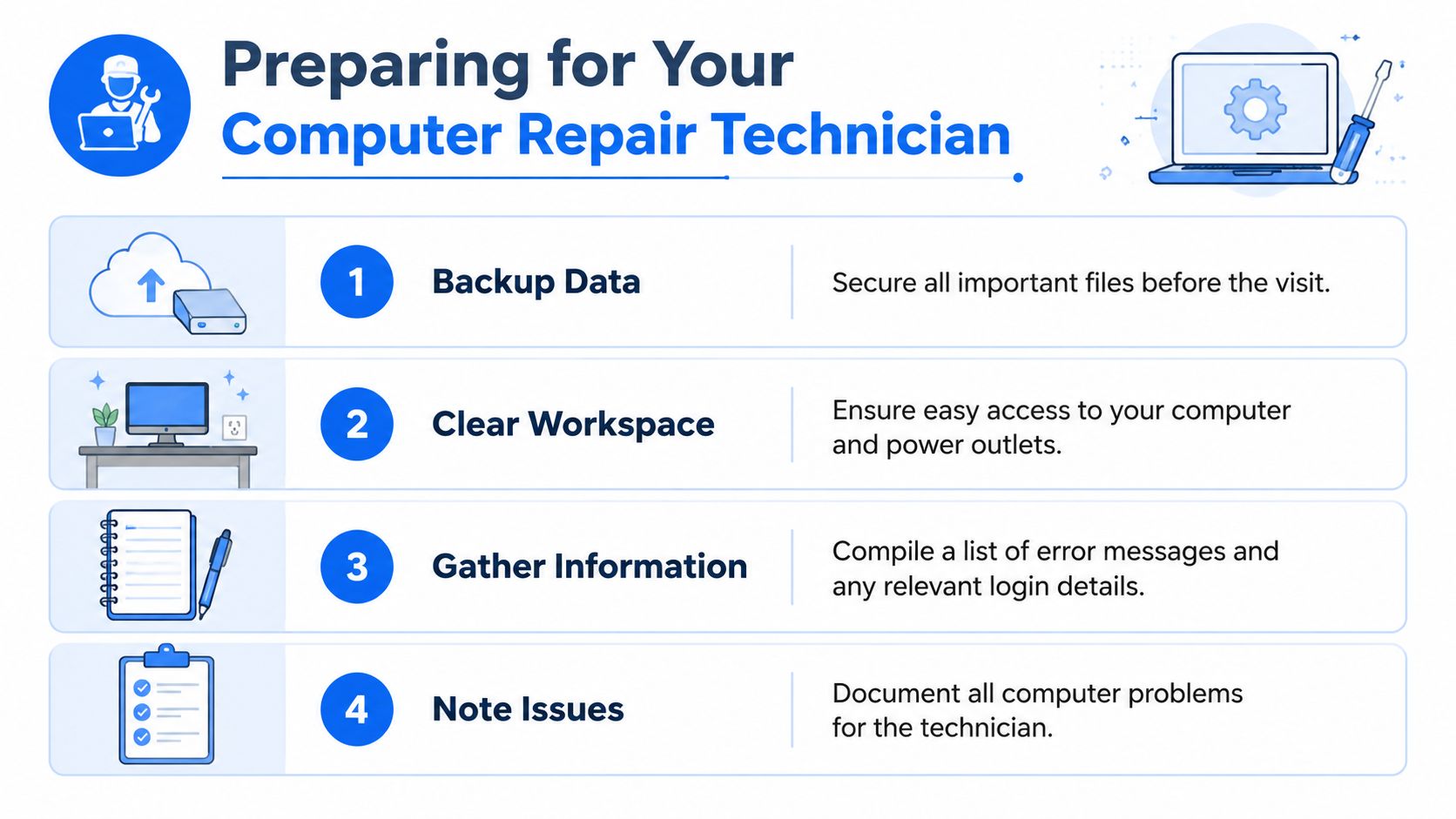 An infographic titled Preparing for Your Computer Repair Technician with four numbered steps to help customers get ready.