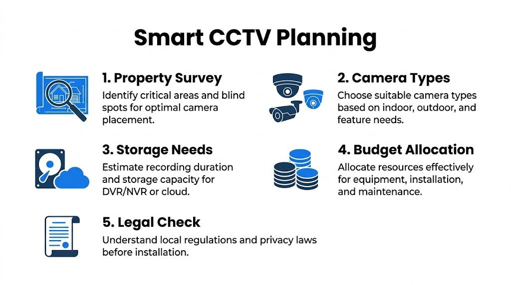 A five-step planning guide for installing smart CCTV security cameras in a residential property.