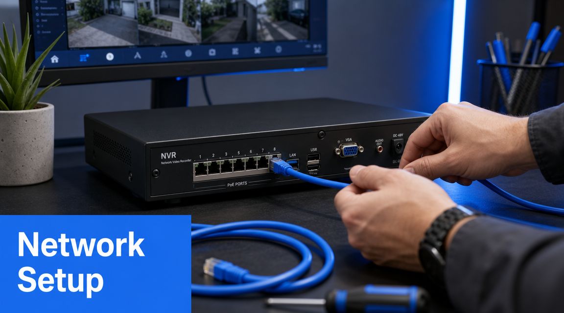 A technician connecting a blue Ethernet cable into the PoE port of a security NVR device.
