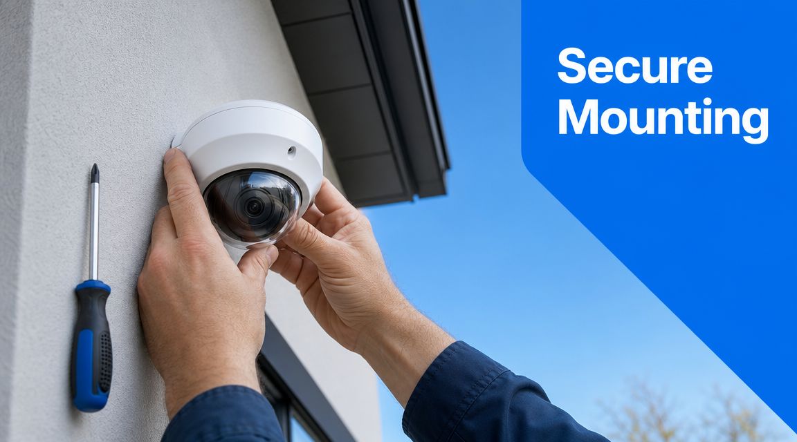 A technician installing a dome CCTV security camera on a light-colored wall with a screwdriver nearby.