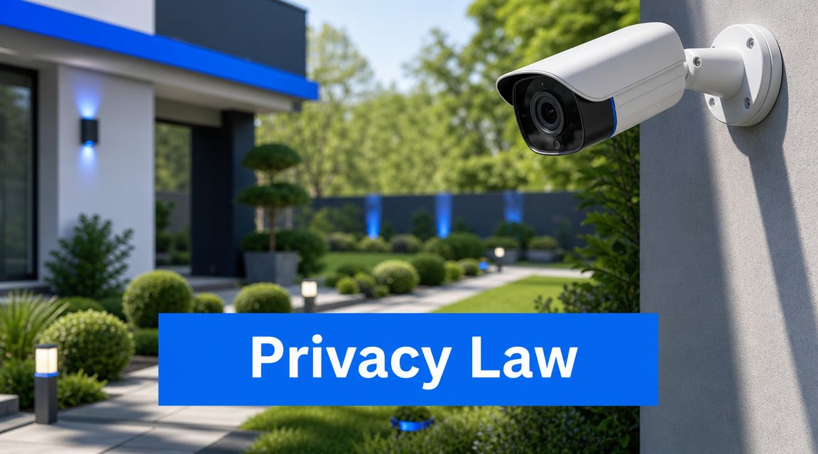 A modern security camera mounted on a house wall overlooking a garden with a privacy law overlay.