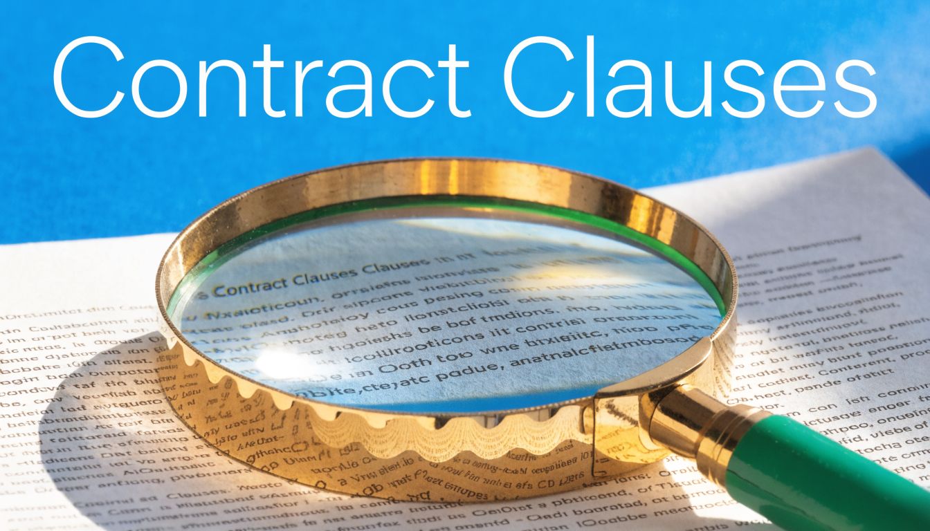 A magnifying glass positioned over a printed document highlighting the importance of reading contract clauses.