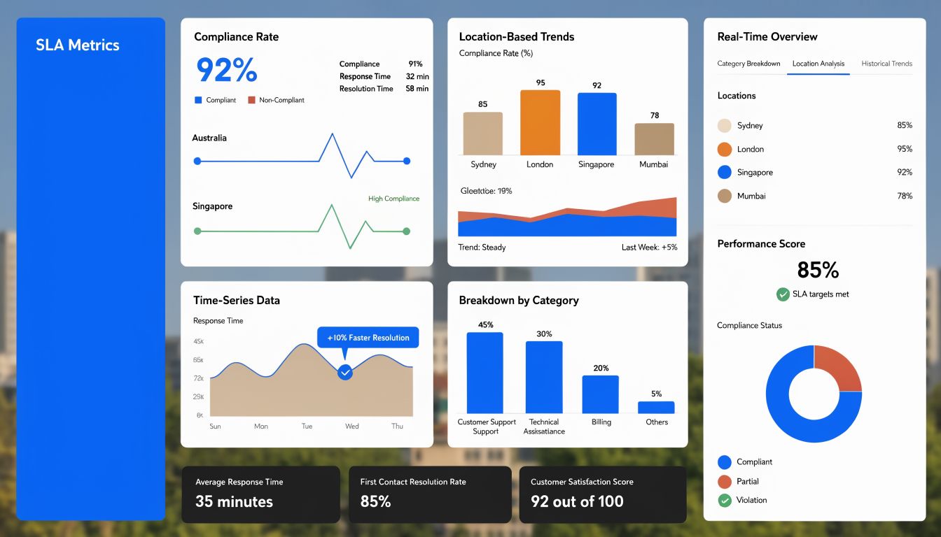 A digital dashboard displaying SLA metrics, compliance rates, and performance trends for technical support operations.