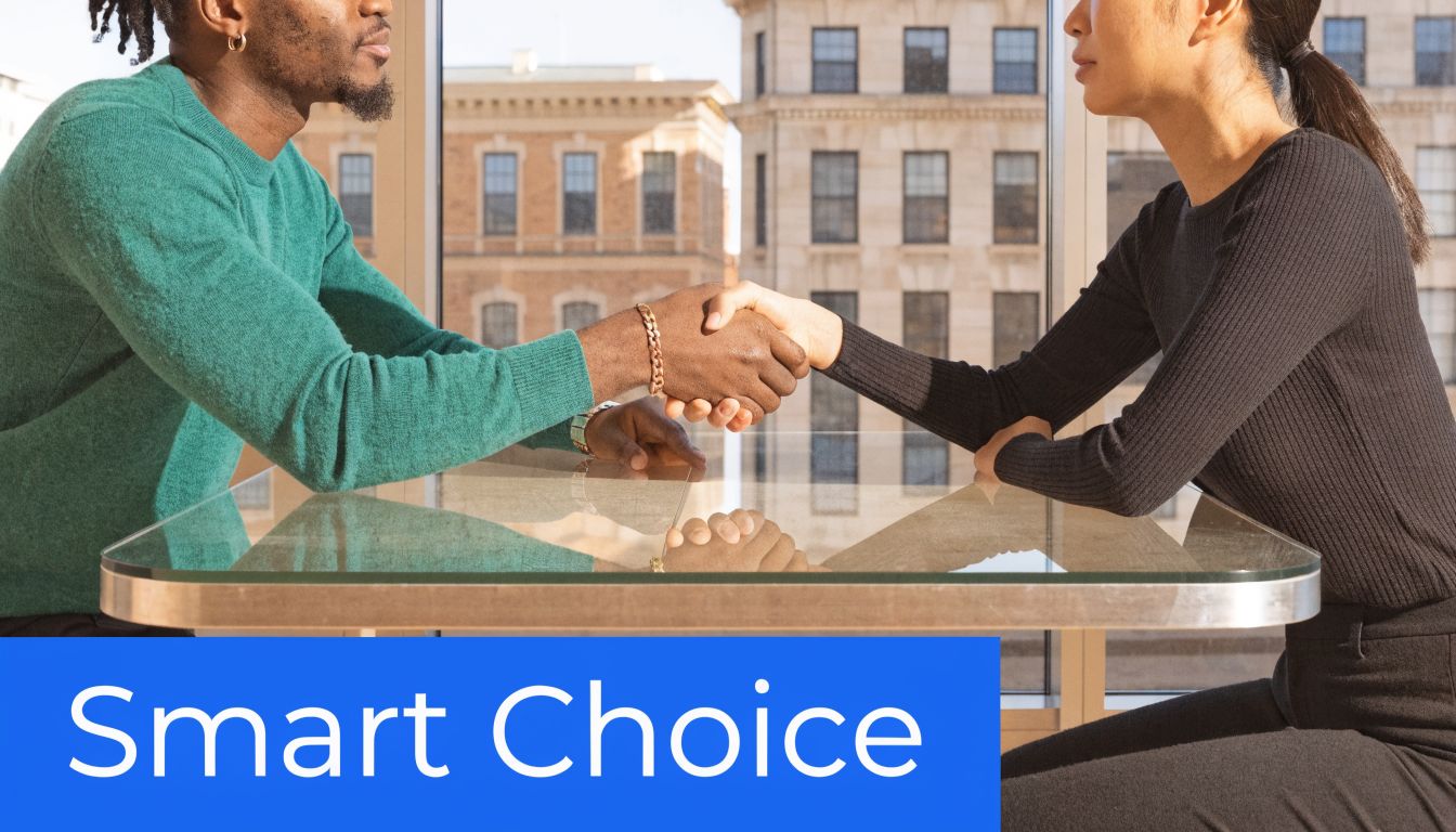 A man and woman sitting across from each other at a desk shaking hands, representing a business agreement.