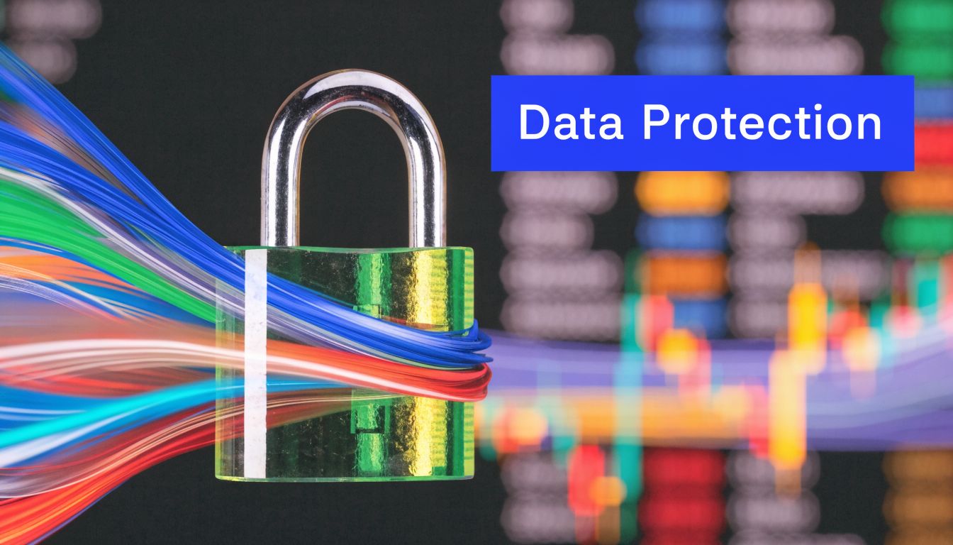 A digital padlock symbolizing data protection, wrapped in glowing fiber optic cables against a blurred data background.