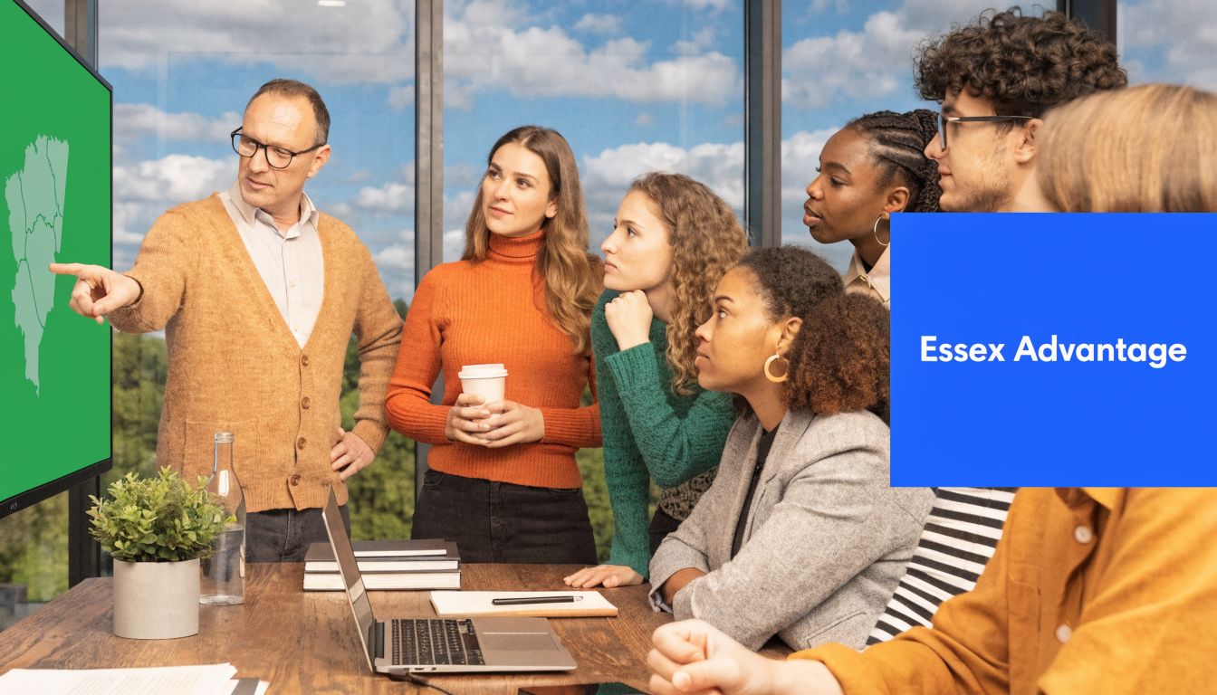 A diverse team of professionals collaborating during a business presentation in a modern office meeting room.