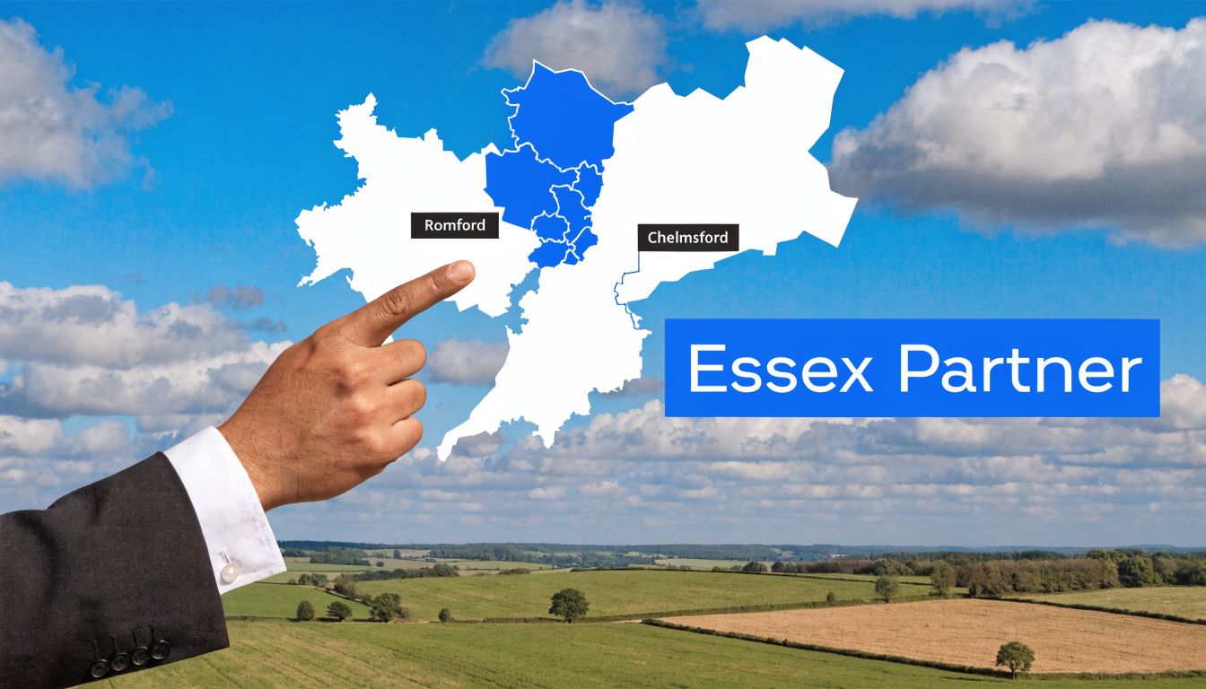 A hand pointing at a map of Essex against a blue sky, representing IT support in Essex.