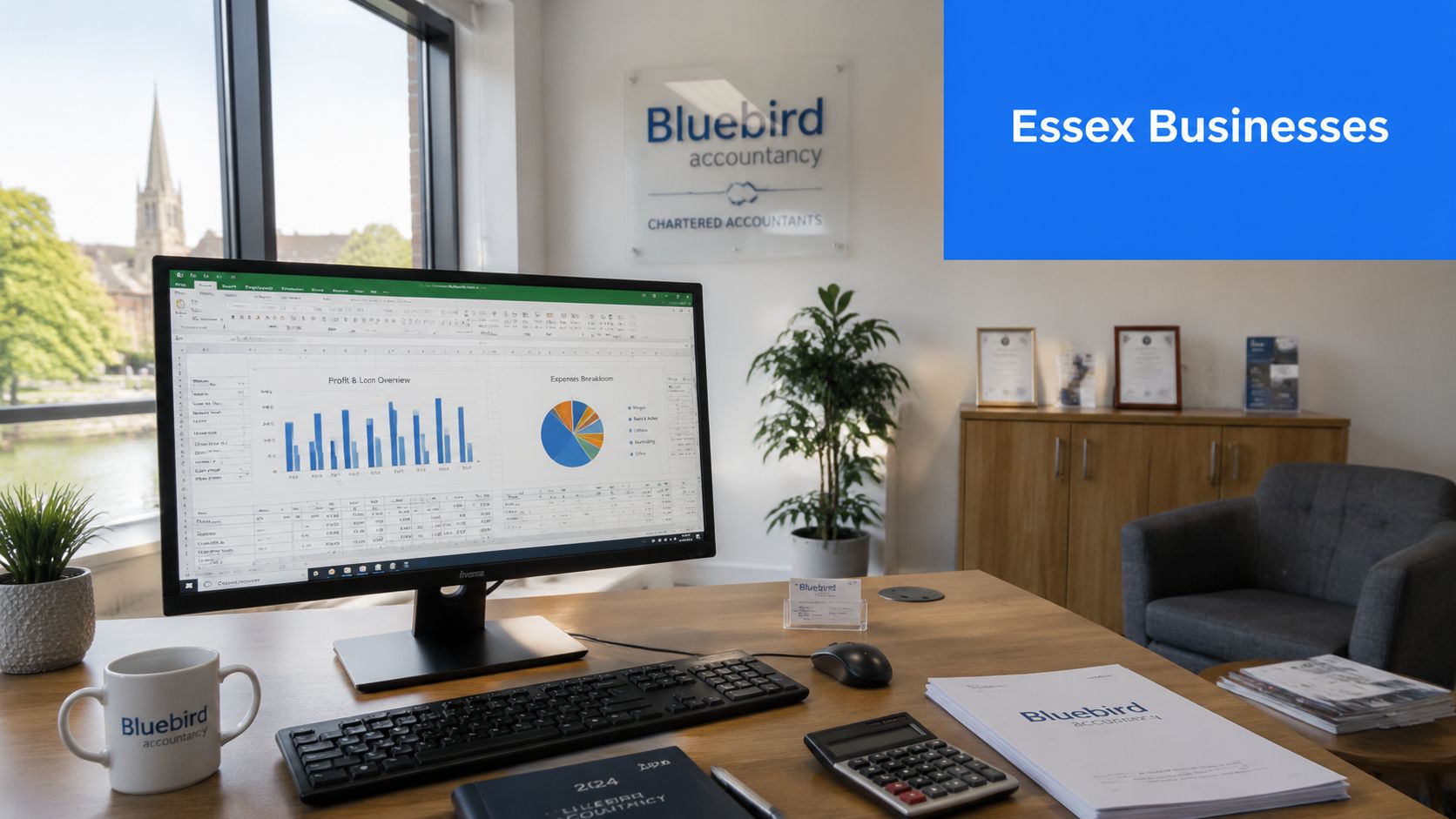 A modern accounting office desk featuring a computer monitor displaying financial charts and accounting documents.