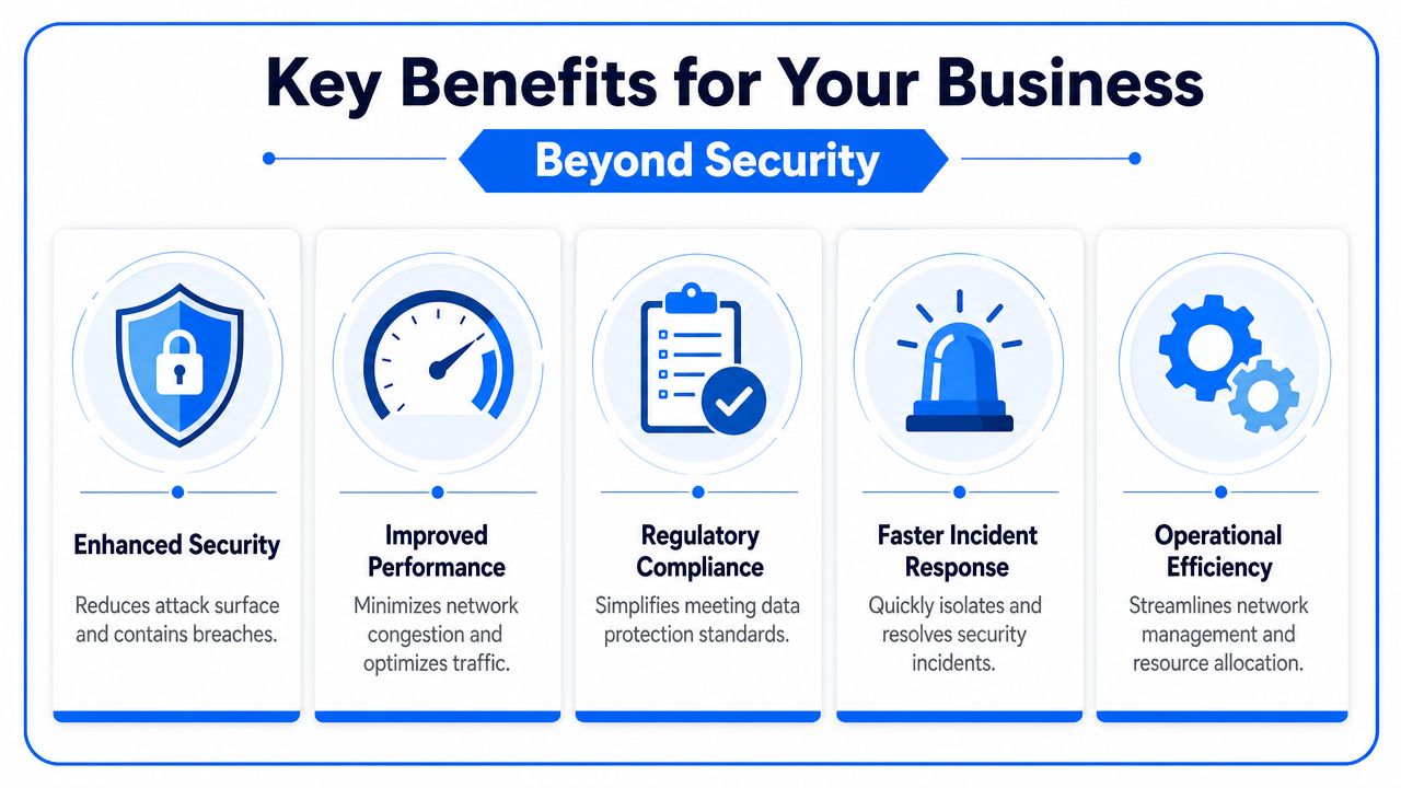 A business infographic illustrating the key benefits of network segmentation beyond just security, including performance and efficiency.