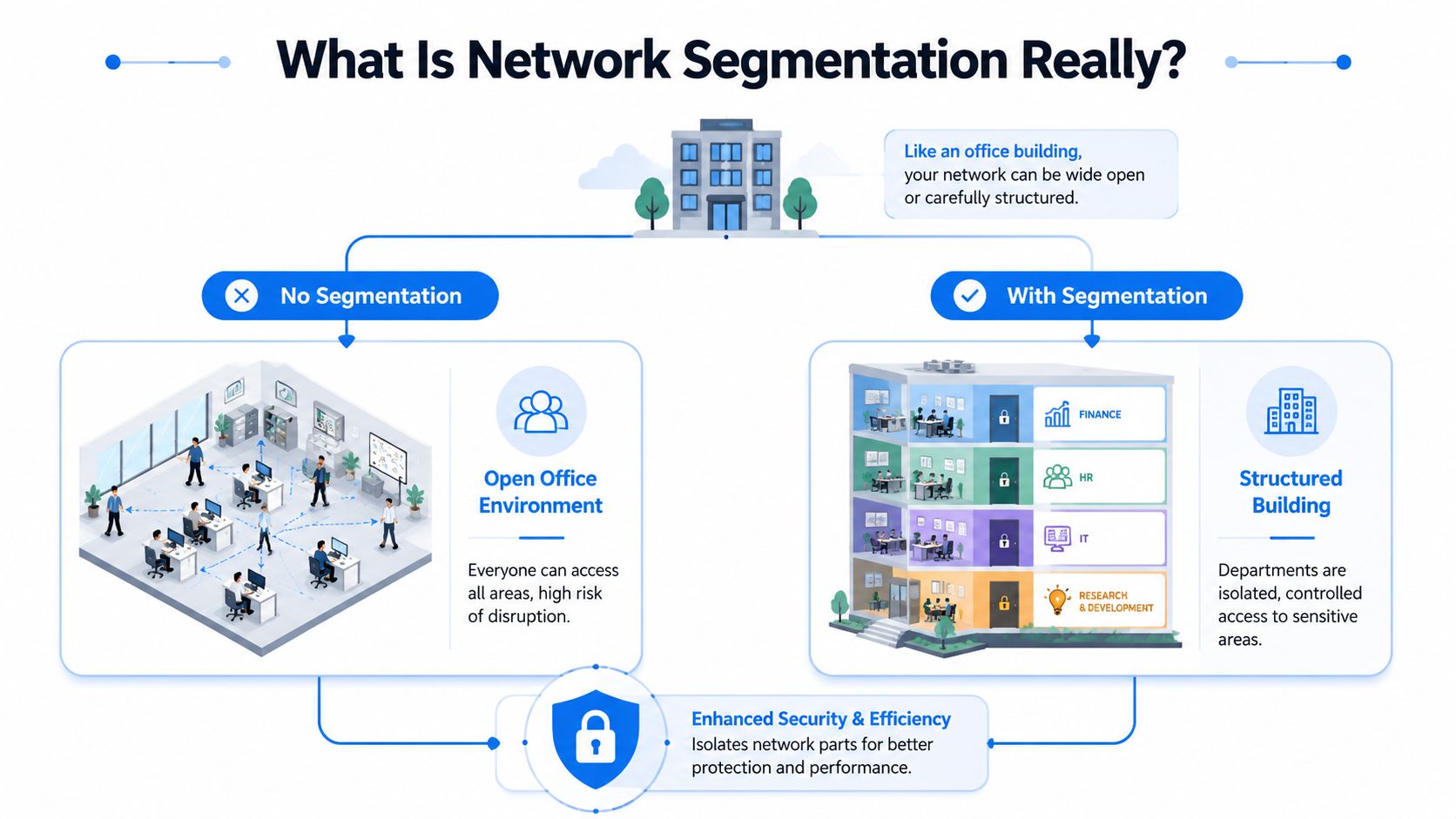 An infographic showing the difference between a network with no segmentation and one with secure segmentation.