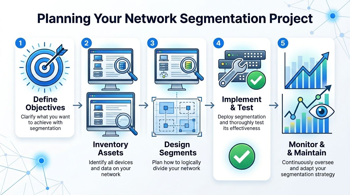 A five-step infographic showing the process of planning a network segmentation project for cybersecurity improvement.