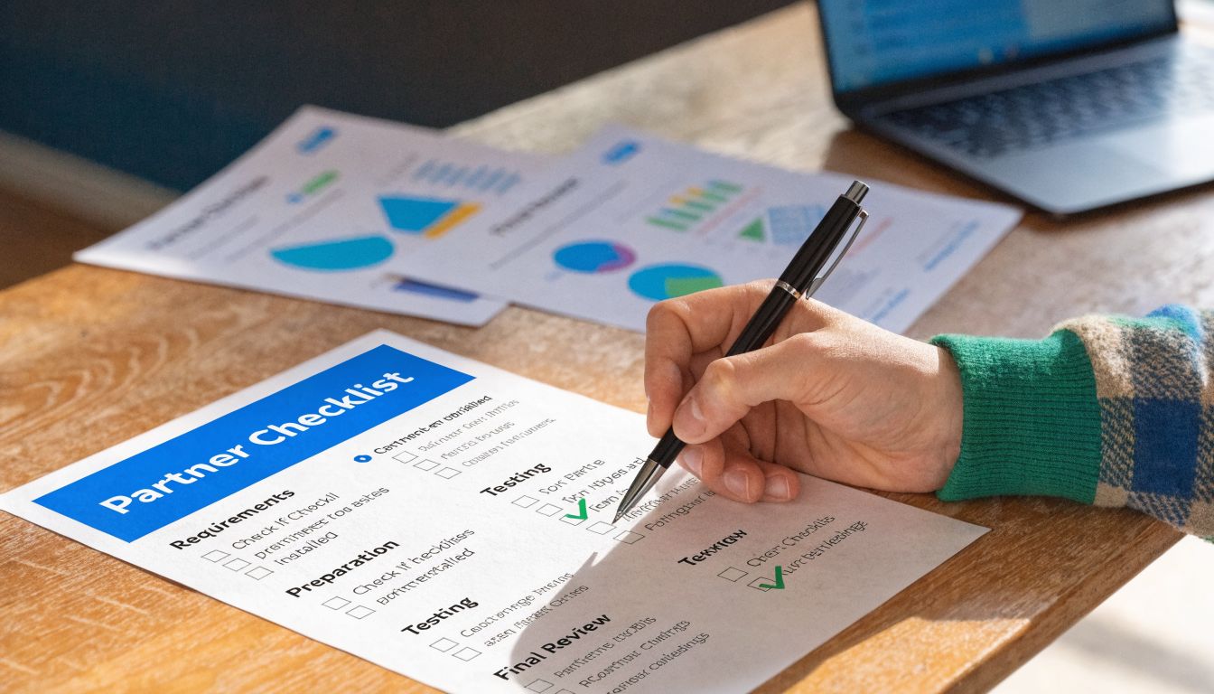 A person filling out a partner checklist document with a pen while working at a desk.