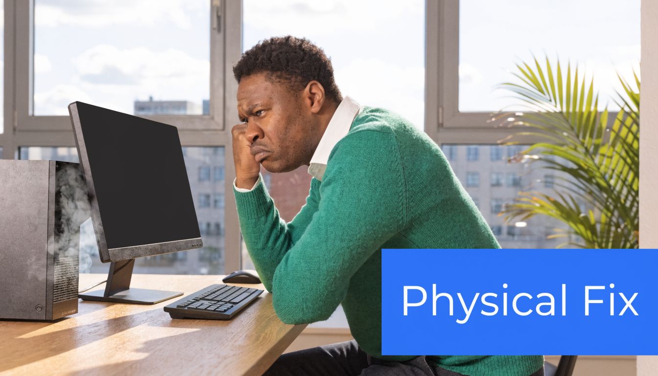 A frustrated man looking at a smoking computer tower on his desk at an office workstation.