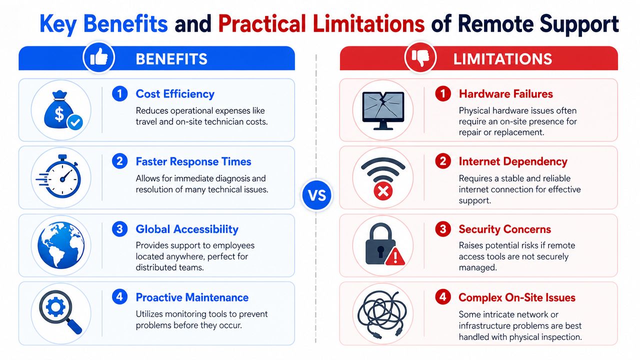 A comparative infographic highlighting the key benefits and practical limitations of using remote IT support services.