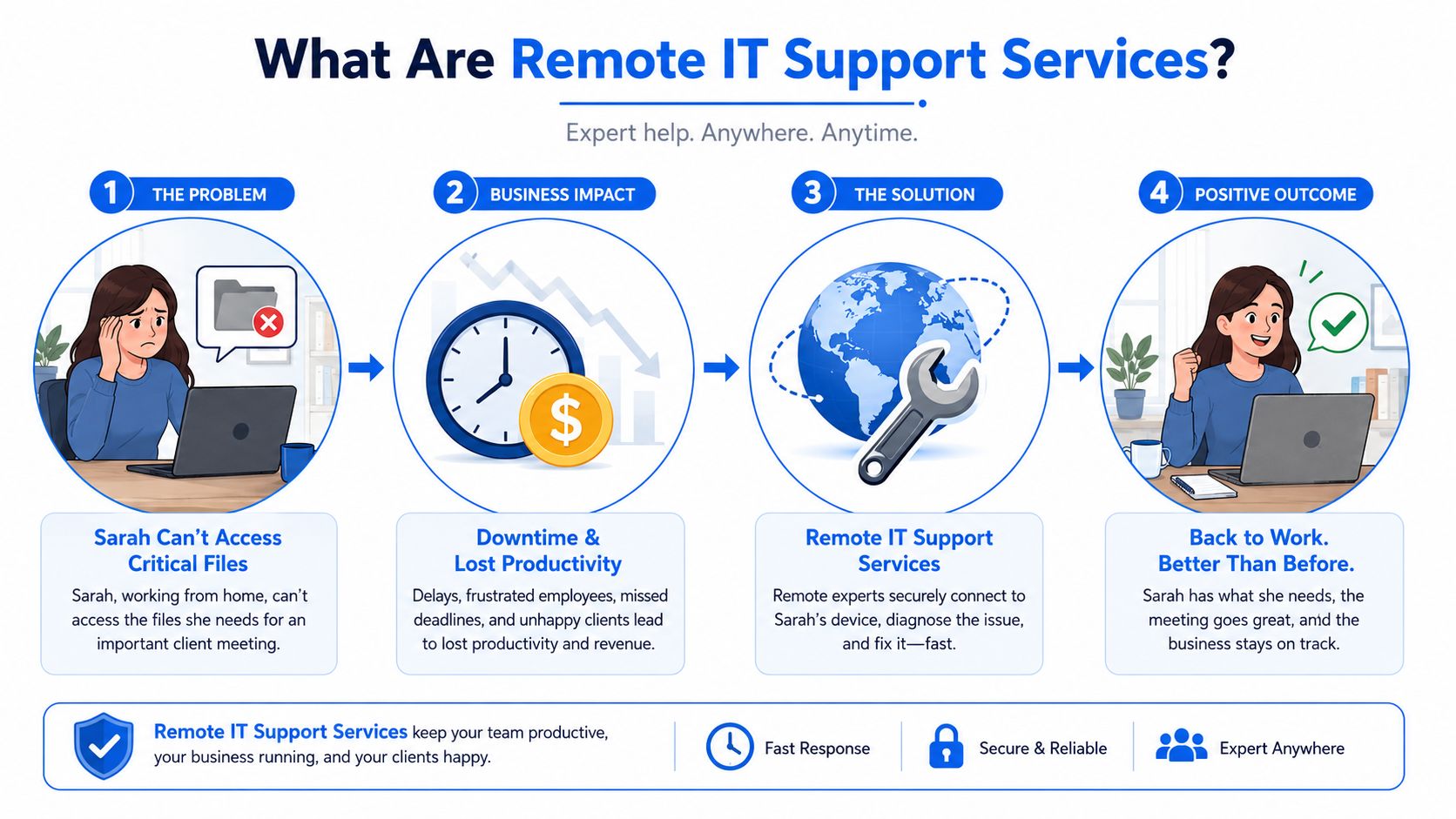 A four-step infographic illustrating how remote IT support services resolve technical issues to restore employee productivity.
