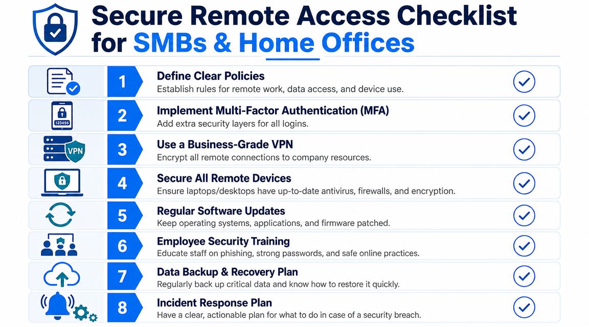 A checklist infographic outlining eight essential security steps for small businesses to manage remote access safely.