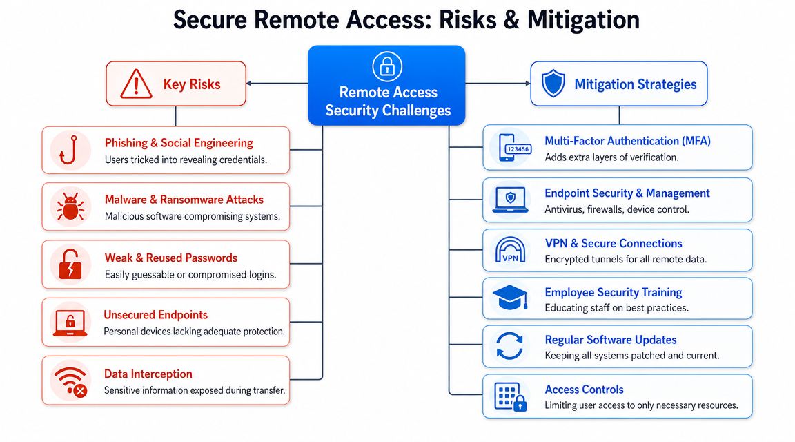 An infographic detailing common cybersecurity risks of remote work and essential mitigation strategies to protect data.
