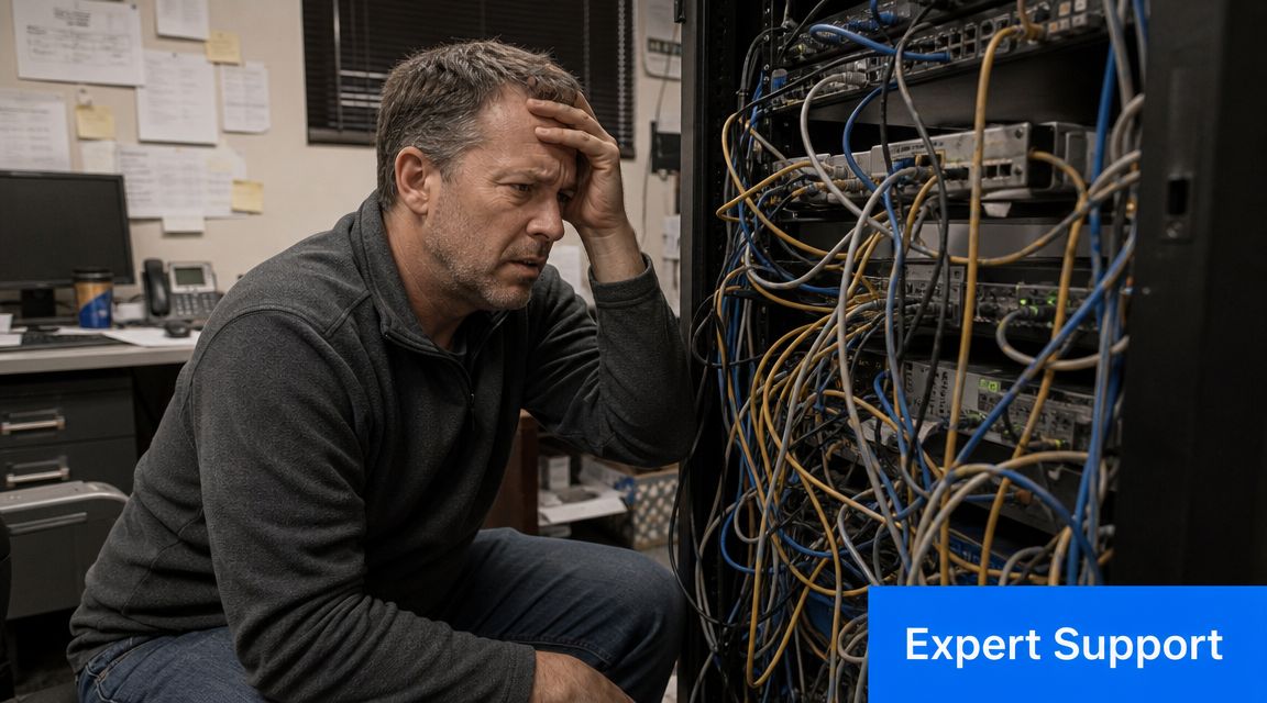 A stressed IT professional looking at a messy server rack, struggling with technical issues in an office.