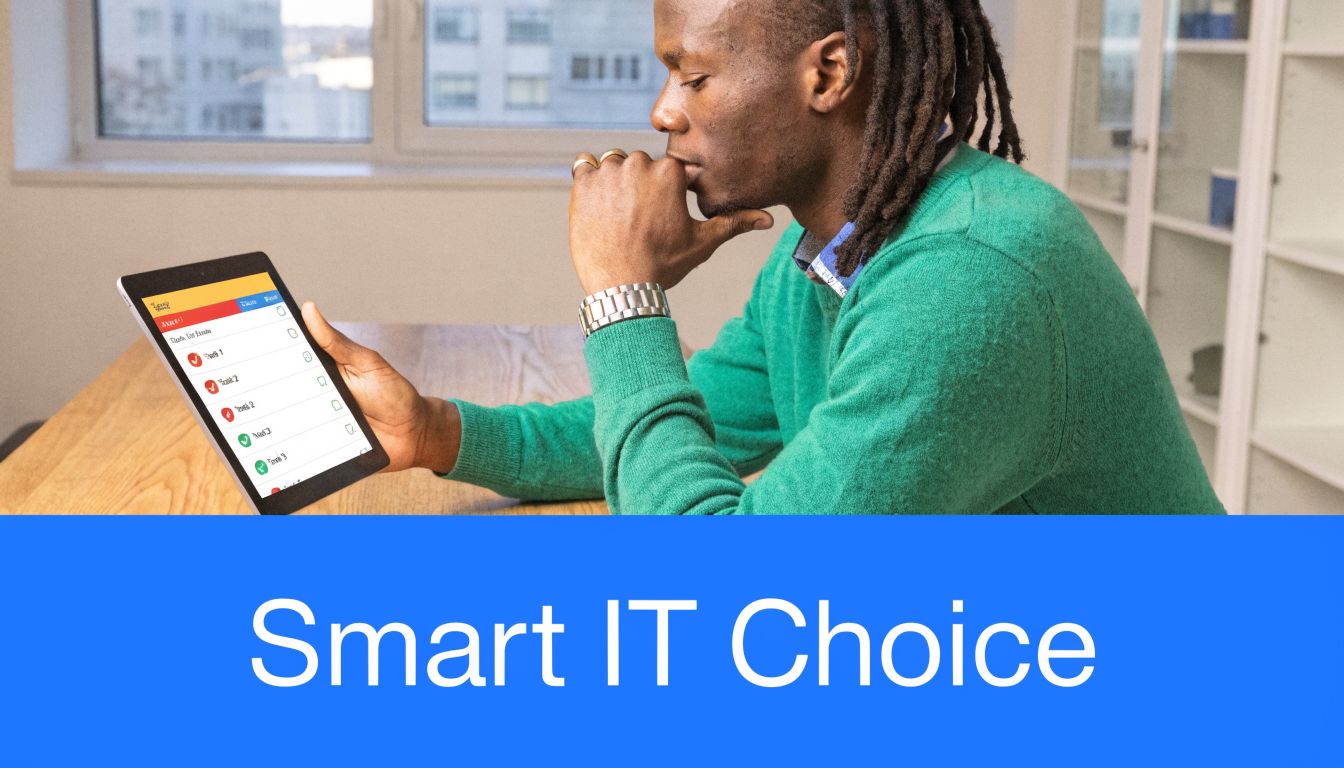 A man in a green sweater holding a tablet showing a task management app.