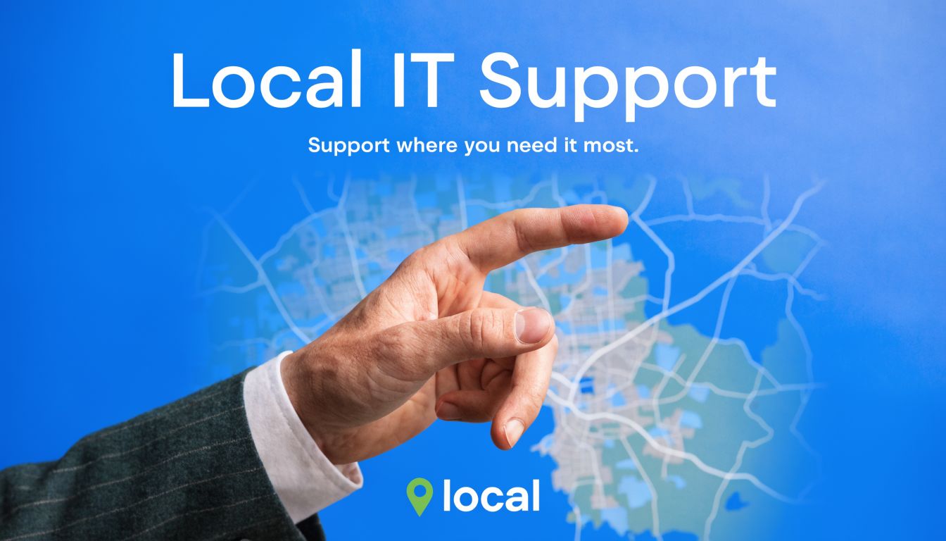 A professional hand pointing towards a map graphic with the text Local IT Support above it.