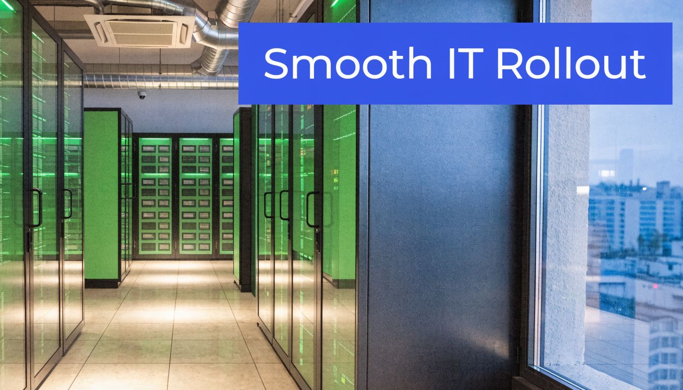 A modern server room with green glowing hardware racks and a view of a city outside.