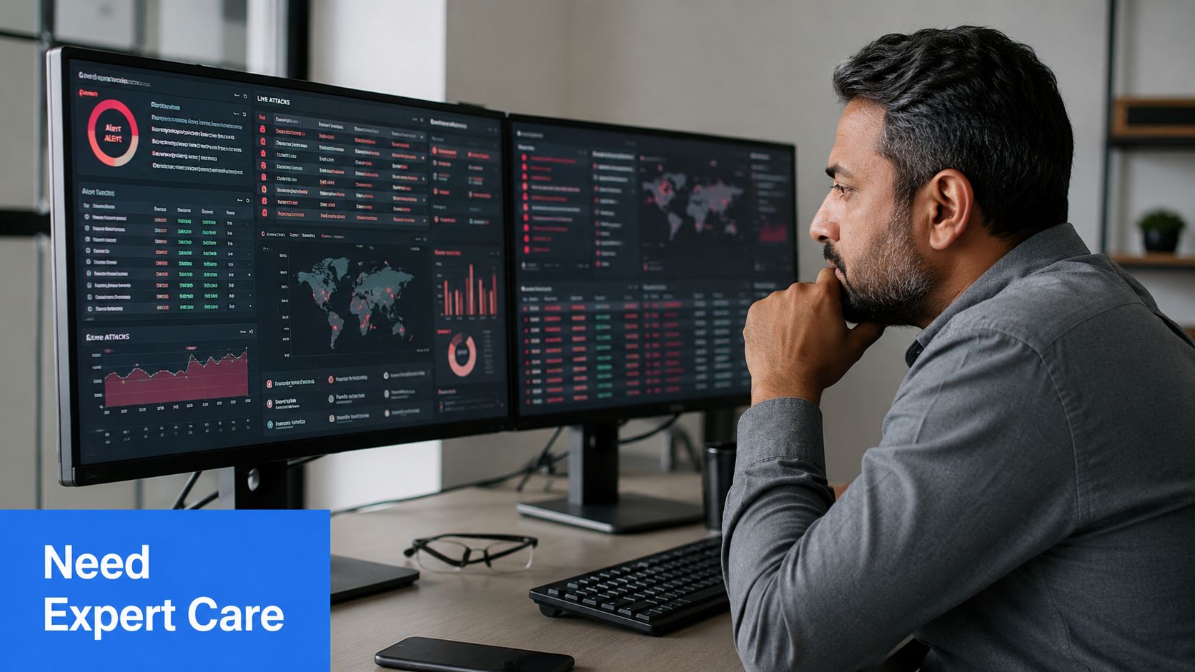 A cybersecurity expert monitors real-time attack data on multiple computer screens while working in an office.