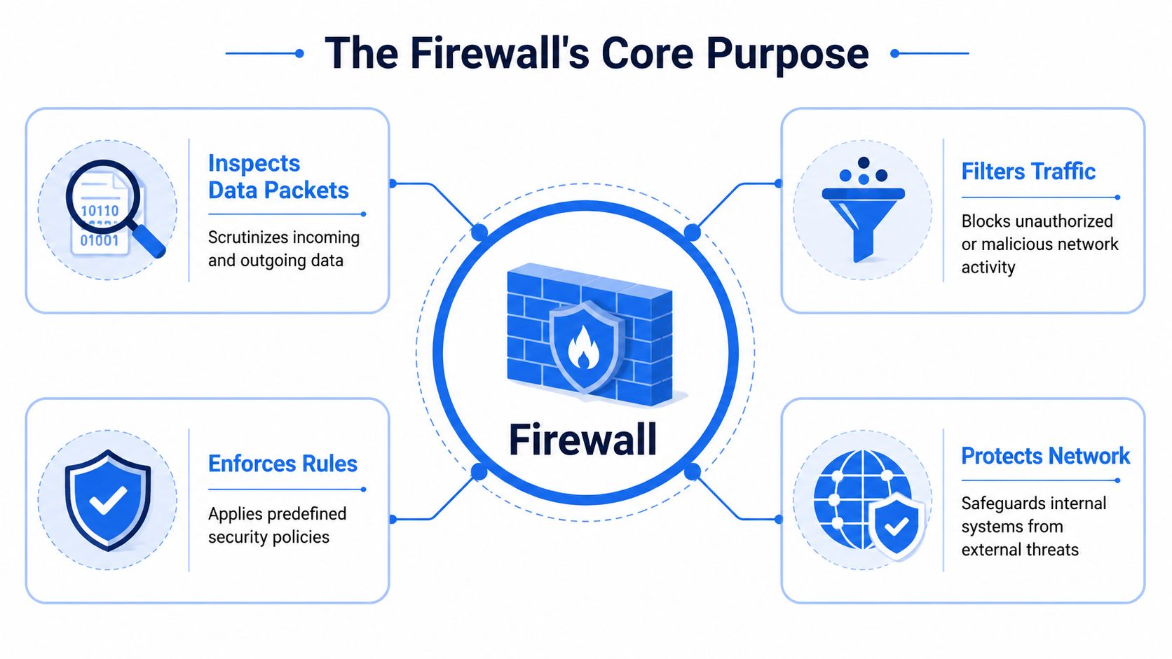An infographic titled The Firewall's Core Purpose illustrating four key functions of a network firewall.