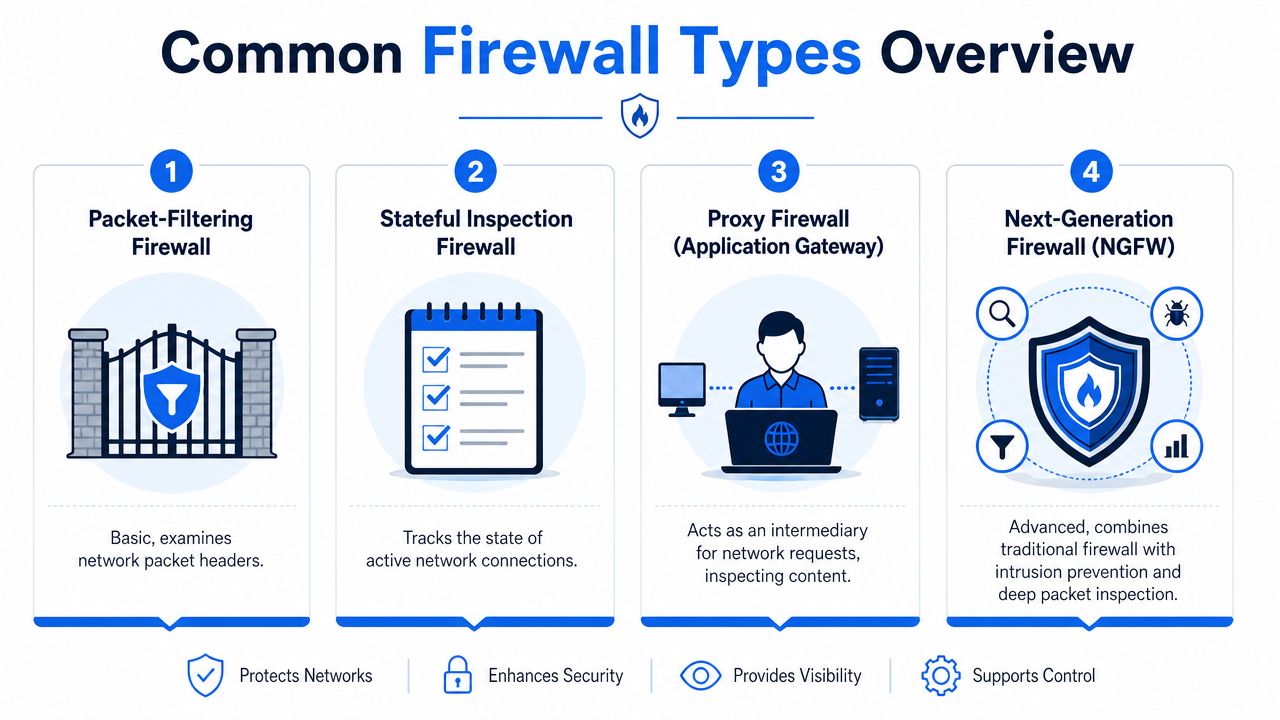 An infographic illustrating four common types of network firewalls with their definitions and core security features.