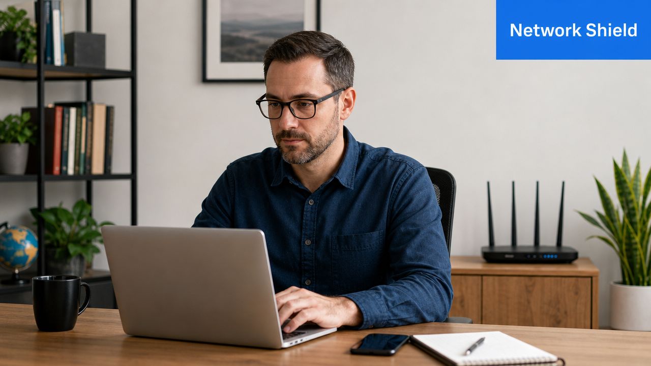 A professional man with glasses sitting at his desk working on a silver laptop in a home office.