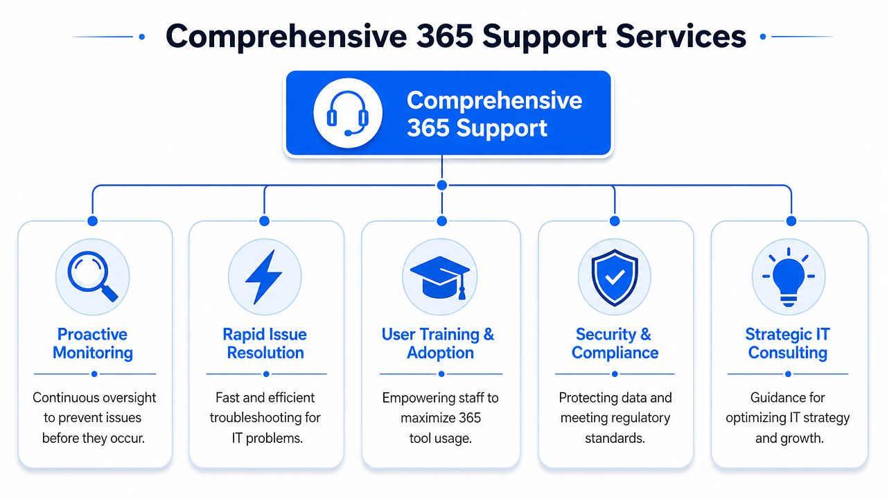A diagram illustrating comprehensive Microsoft 365 support services including proactive monitoring, troubleshooting, user training, security, and consulting.