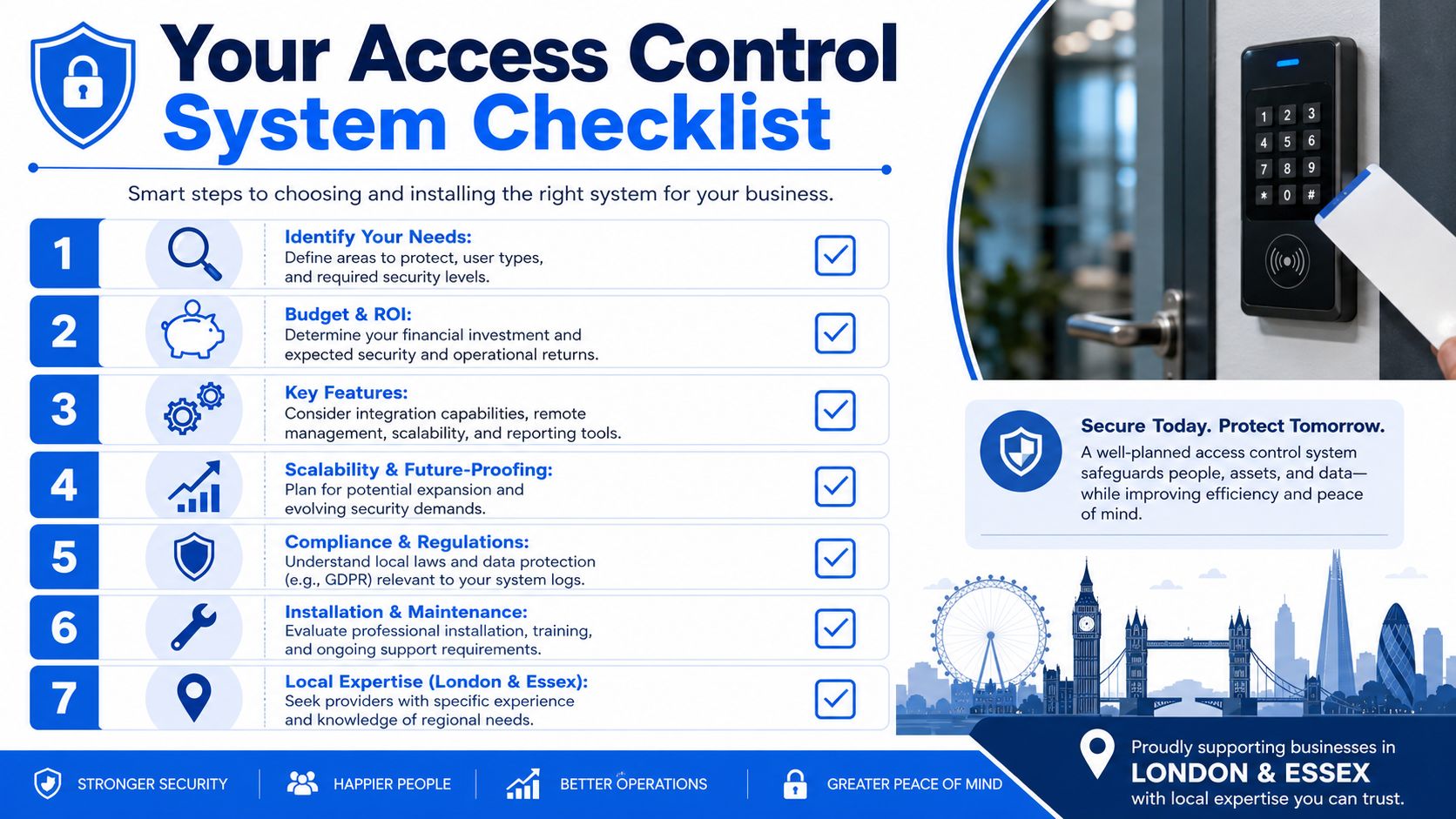 A checklist infographic outlining seven key steps for businesses to choose and install an access control system.