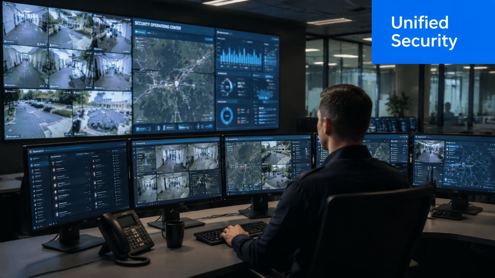 A security officer monitoring multiple surveillance cameras and data displays in a modern security operations center.