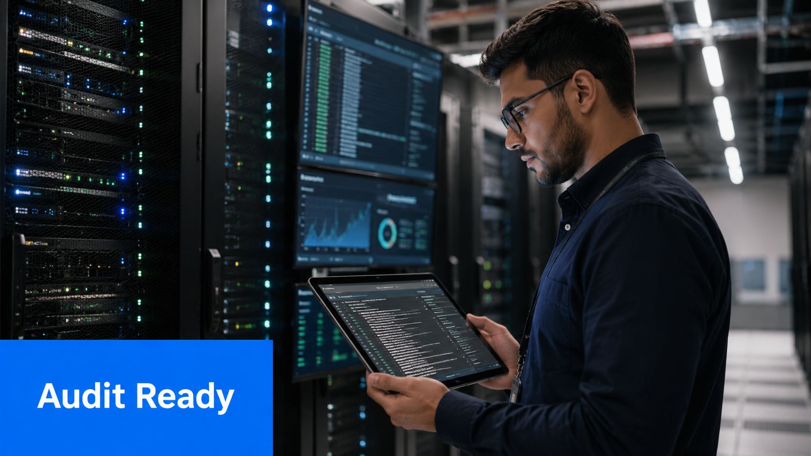 A professional IT engineer inspecting data server logs on a tablet inside a modern data center.