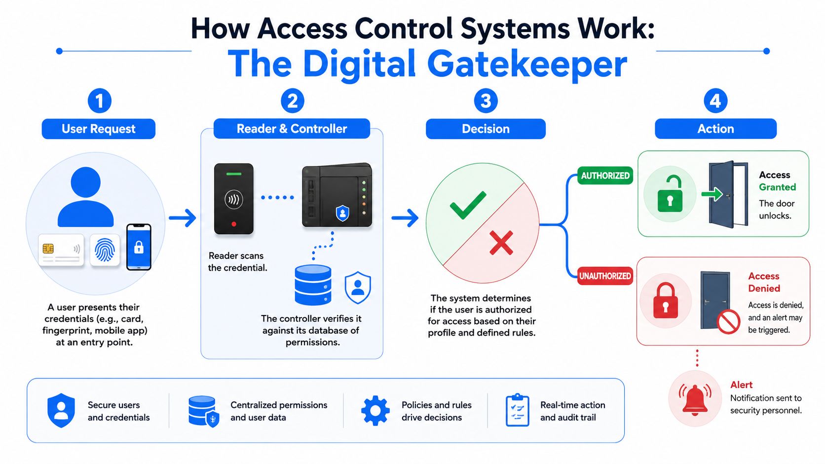 A diagram illustrating the four-step workflow of how digital access control systems verify and grant entry.
