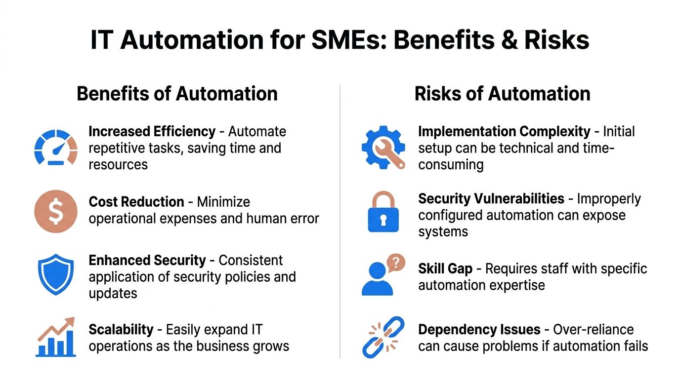 An infographic titled IT Automation for SMEs detailing the primary benefits and risks of implementing automation.