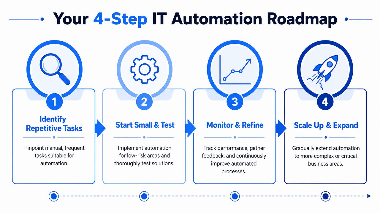 A four-step IT automation roadmap diagram showing the process from identifying tasks to scaling and expanding automation.