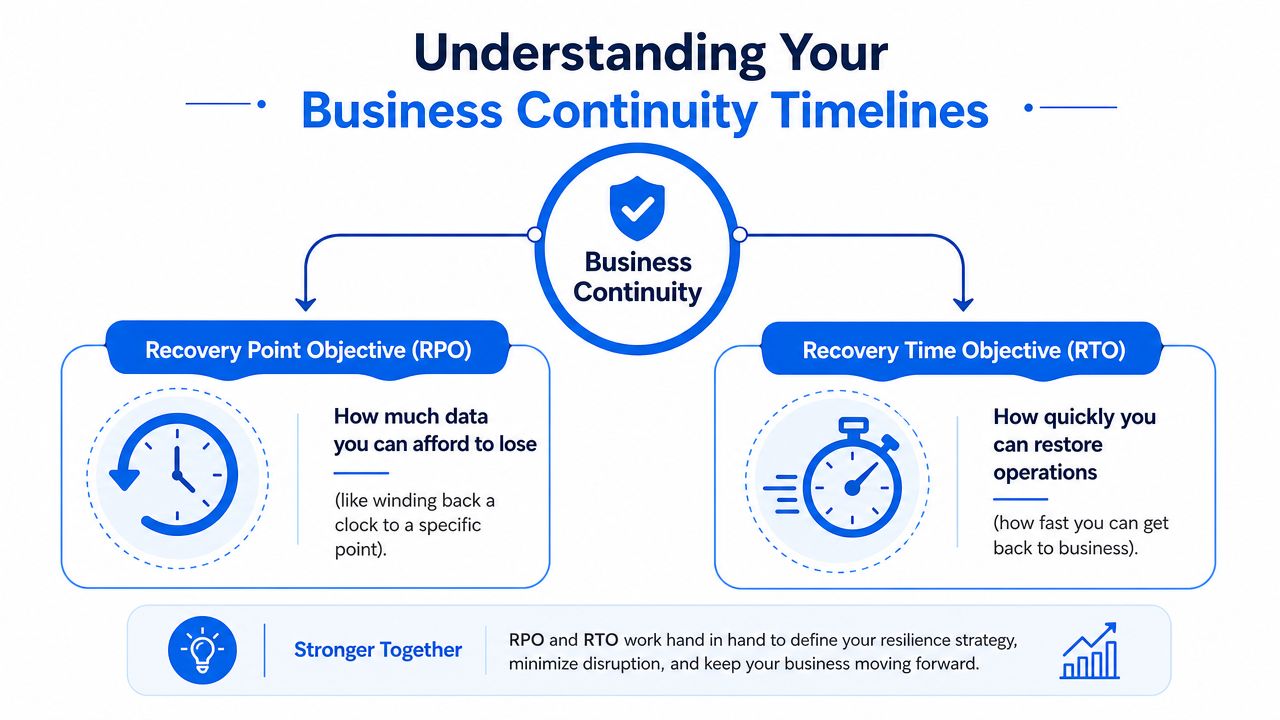 An infographic explaining business continuity through Recovery Point Objective (RPO) and Recovery Time Objective (RTO) concepts.