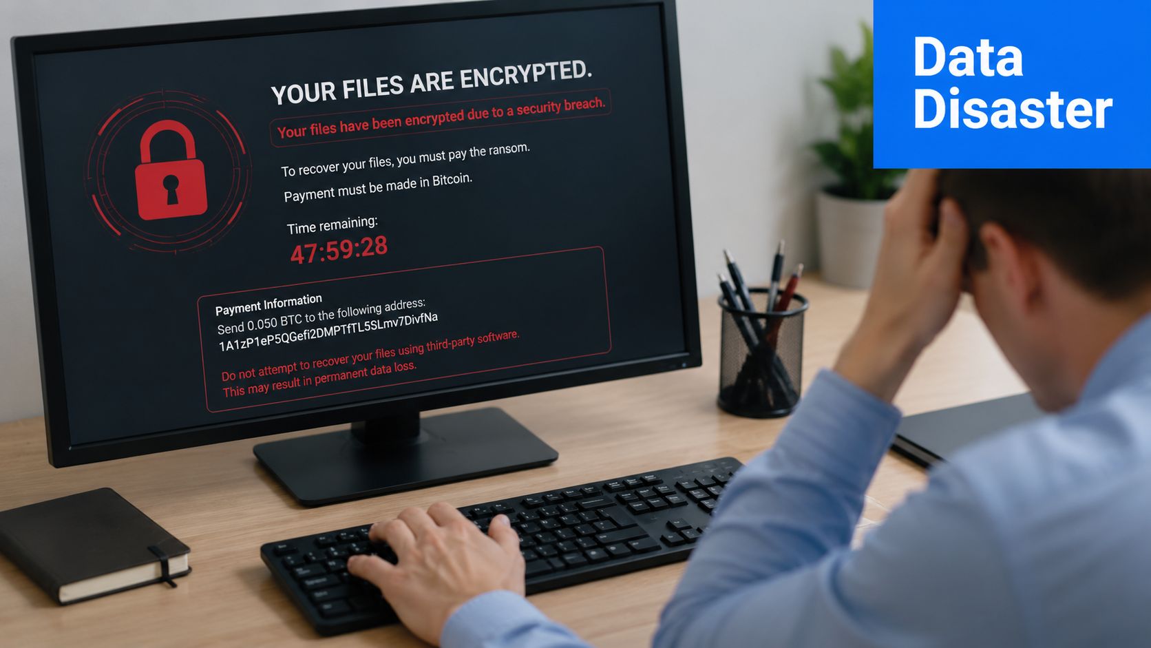 A distressed businessman looking at a computer screen showing a ransomware message demanding bitcoin payment for encrypted files.